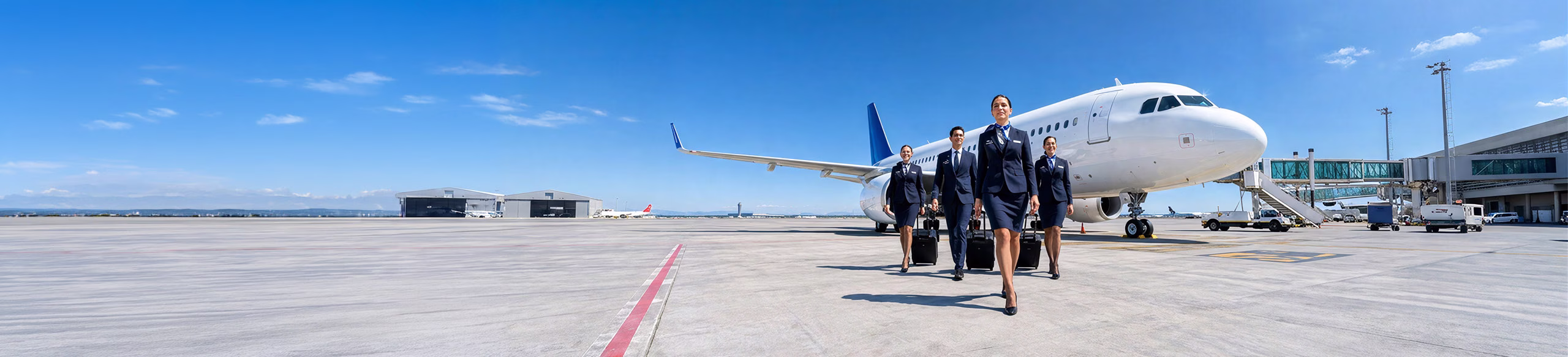 Two flight attendants in blue uniforms on the tarmac near an aircraft