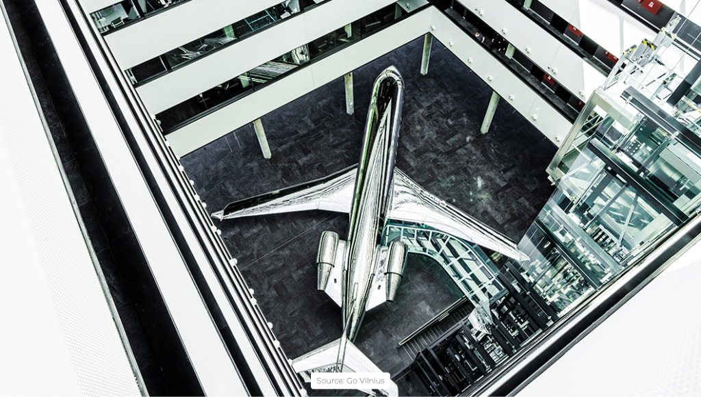 CRJ 200 plane inside the building (AeroCity Aviation Hub in Vilnius, Lithuania)