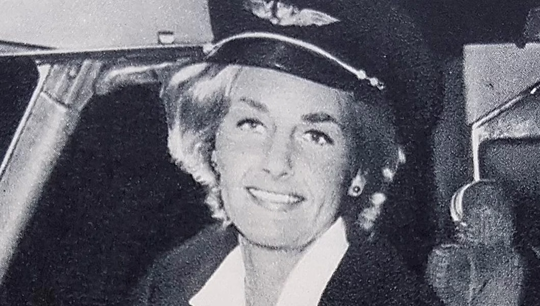 Turi Widerøe in a cockpit of a commercial aircraft
