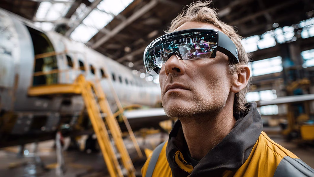 Un technicien aéronautique portant des lunettes de réalité augmentée