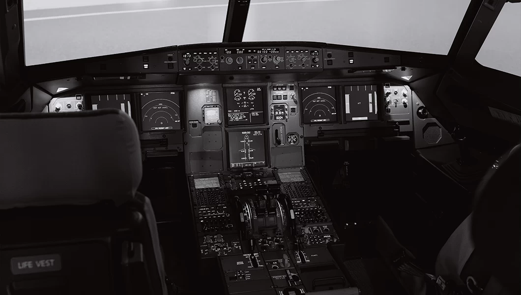 Inside of a full flight simulator for pilot training