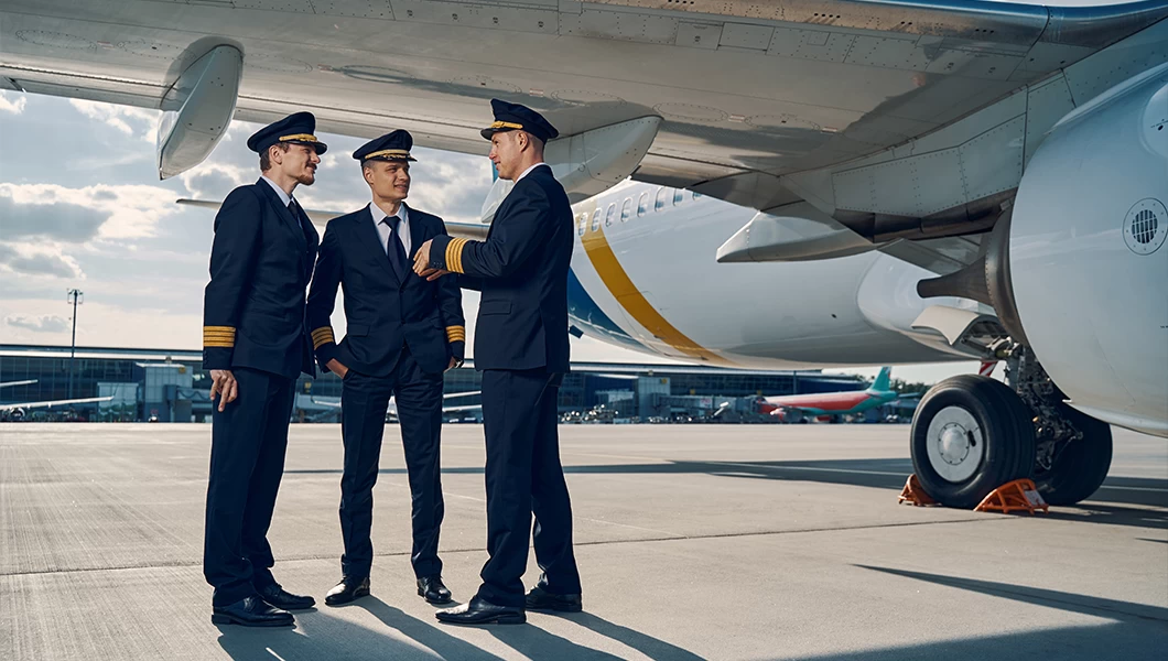 Three pilots in front of a commercial aircraft.