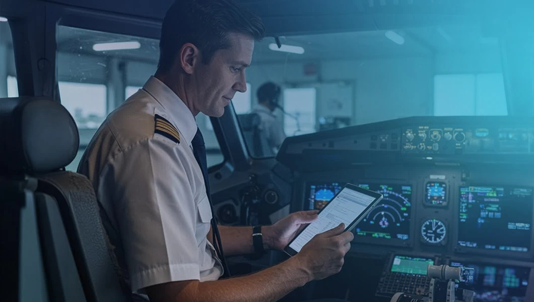 A pilot in a cockpit reading information on a tablet