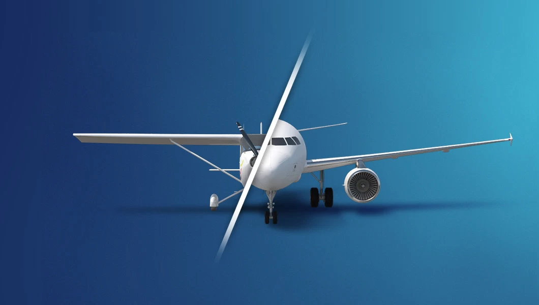 Two aircraft, a Cessna 172 Skyhawk and Airbus A320 split view