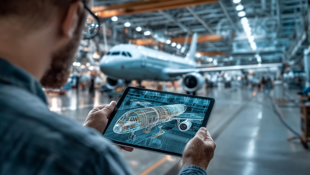 An aircraft engineer with an aircraft blueprint