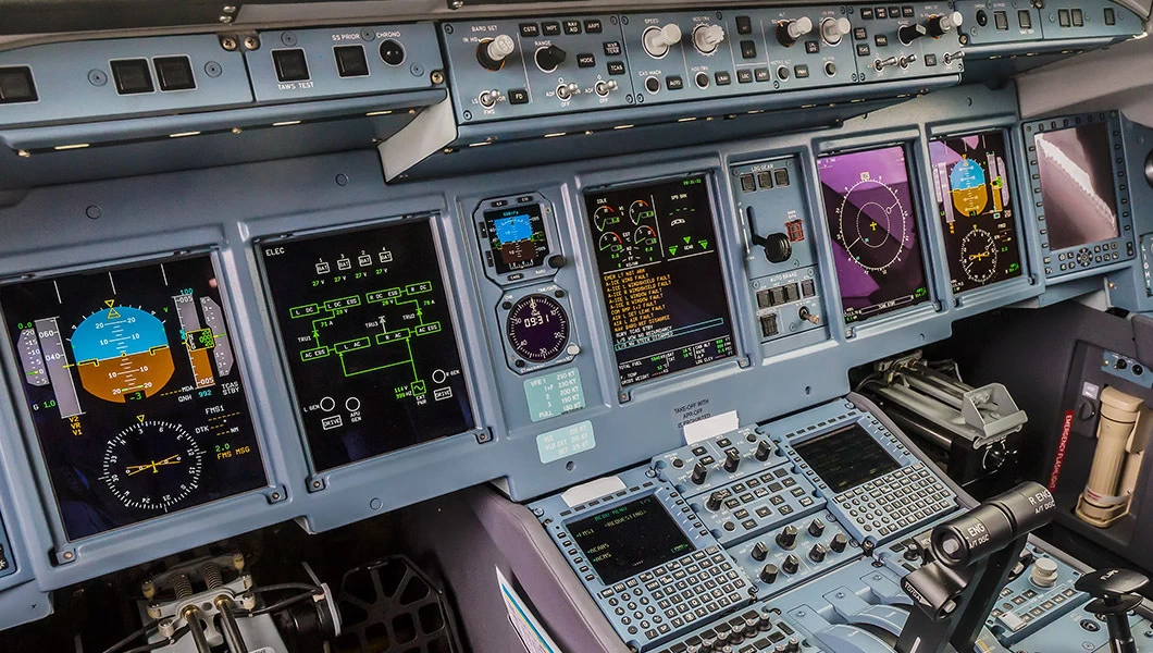 A close-up of a Multi-Function Displays in an aircraft