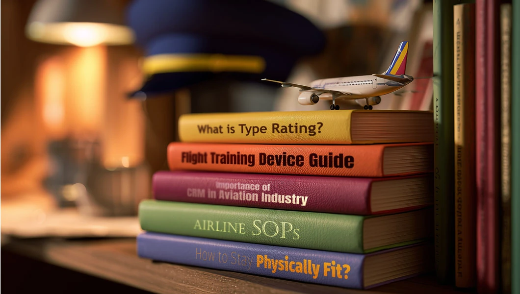 A stack of different color books with some of the pilot career-related topics